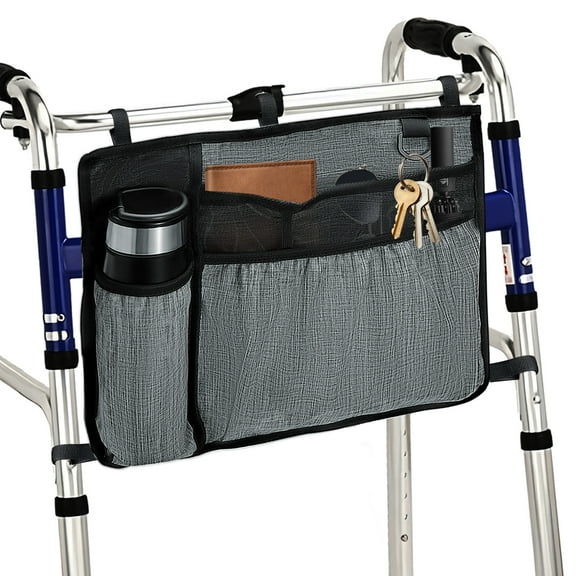Walker Bag with Cup Holder for Folding Walker Rollator, Large Capacity Detachable Walker Basket Pouch, Walker Accessories Wheelchair Bag Caddy to Hang on Back for Adult Seniors Handicapped