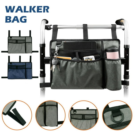 RZVNMKO Walker Bag with Cup Holder Large Capacity Storage Pouch Wheelchairs Storage Organizer Bag Walker Rollator Storage Bag Folding Storage Pouch for Seniors Elderly Handicap,Gray