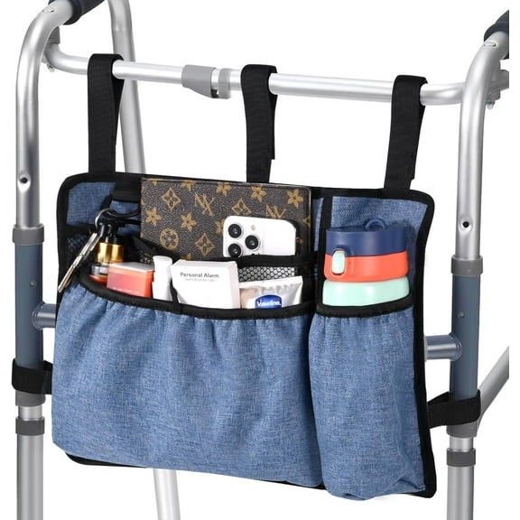 Walker Bag with Cup Holder, Premium Walker Basket for Folding Walker, Foldable Walker Storage Bags for Seniors with Big Capacity & Water Resistant, Blue