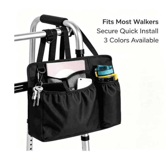 Walker Bag for Folding Walker and Rollator, Large Oxford Wheelchair Organizer Tote with Adjustable Straps, Black