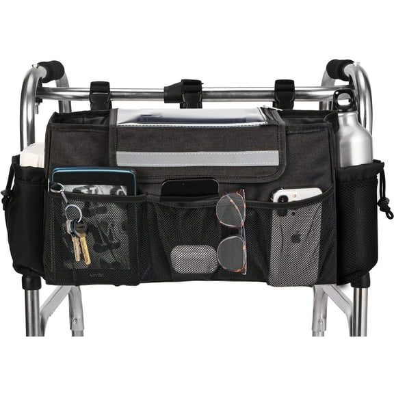 Walker Bag Multi-Pocket Fabric Walker Bag with Cup Holder, Black