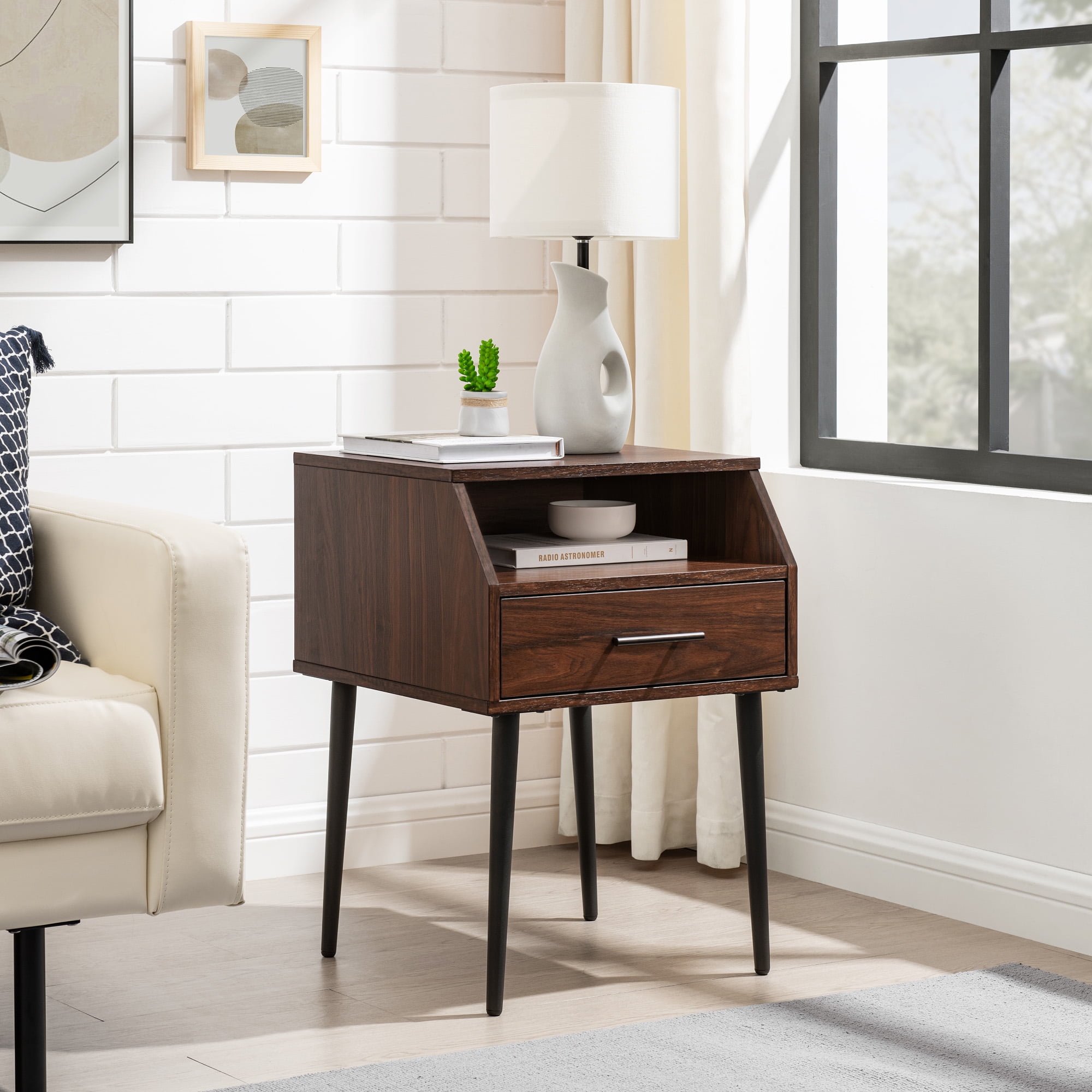 Mid-Century Modern Dark Walnut Side Table with Gold Accents