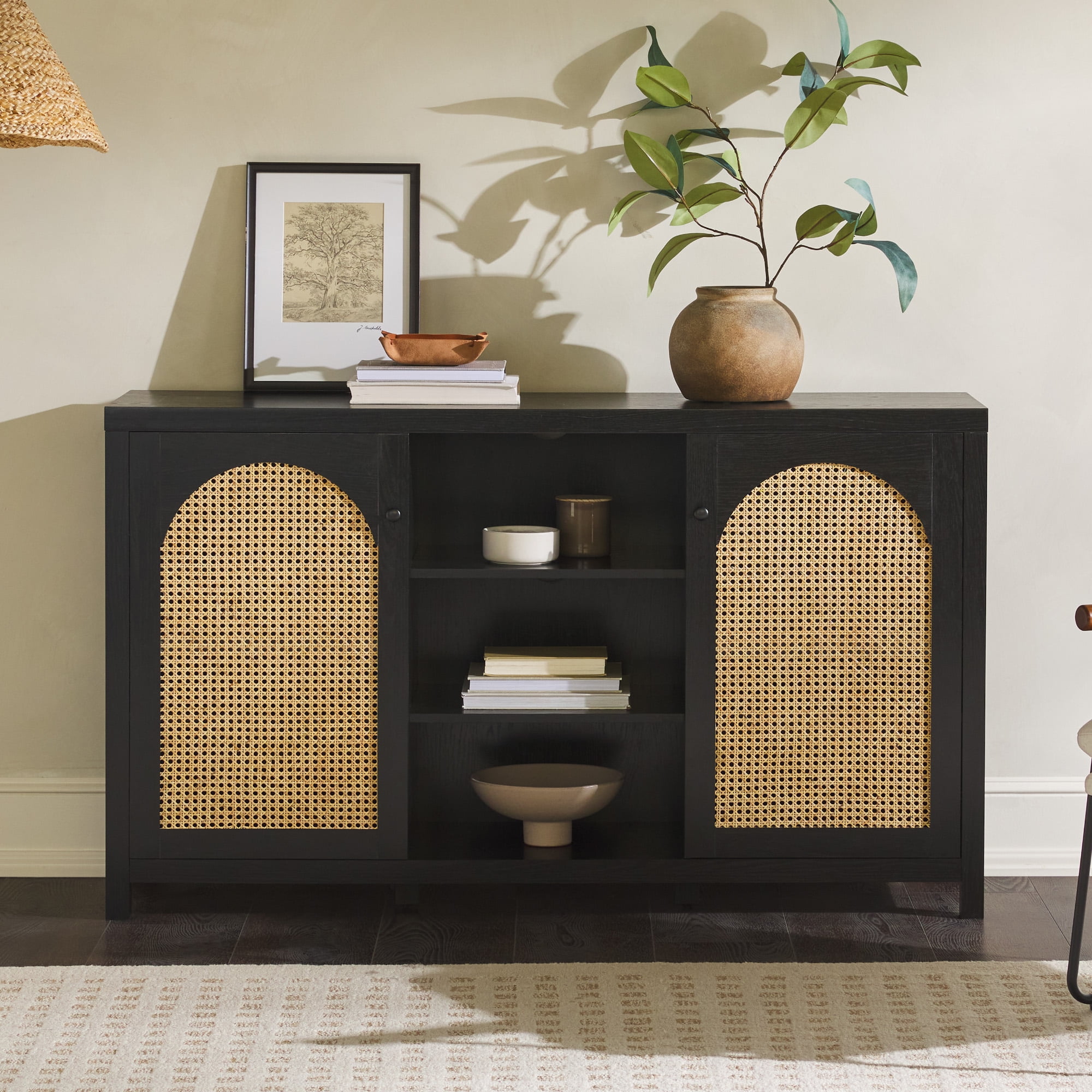 Black Modern Rattan and MDF 58" Sideboard with Arched Panels