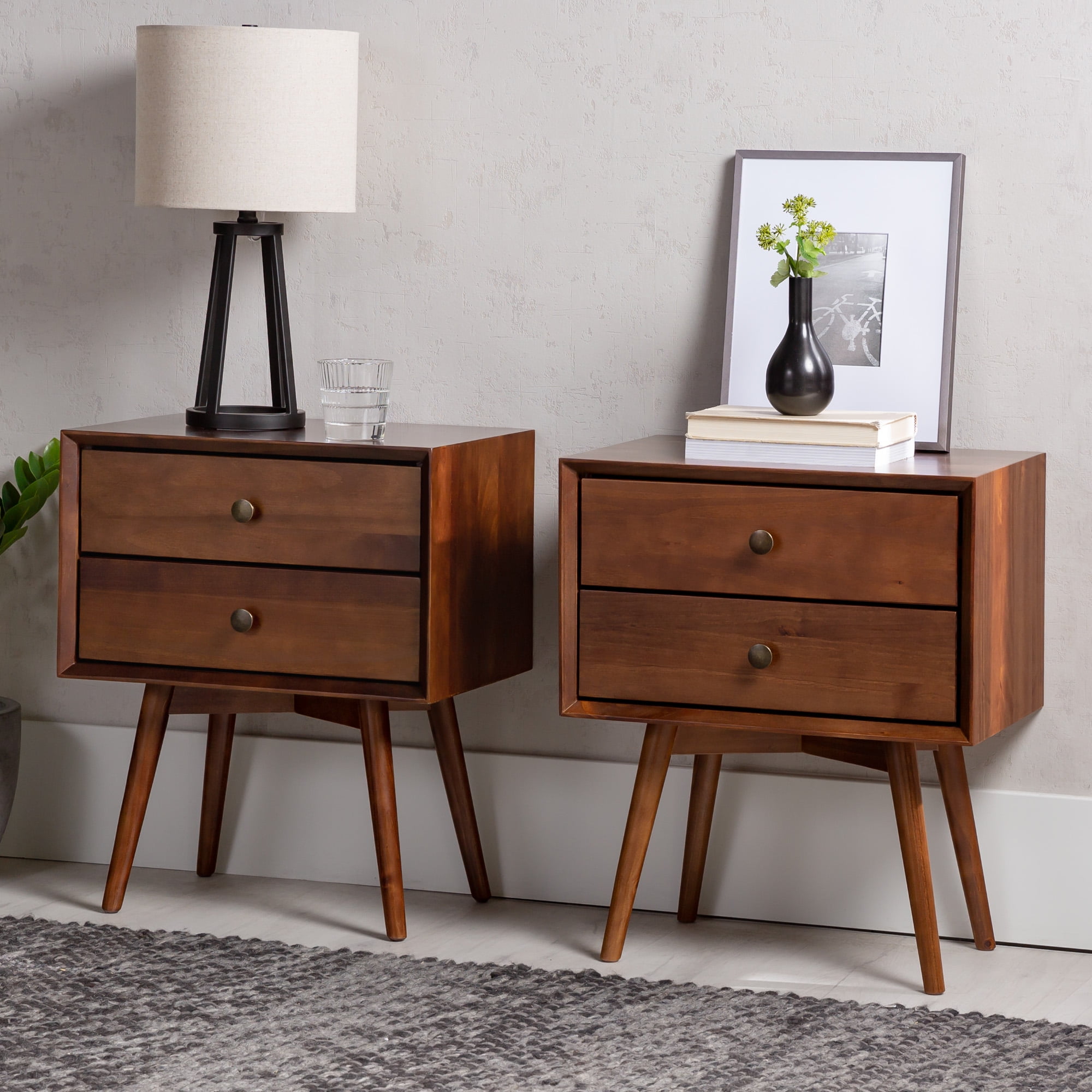 Walker Edison 2 Drawer Wood Nightstand Set of 2 Dark Walnut