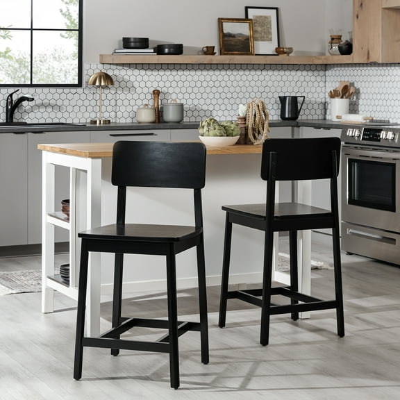 Walker Edison 2-Piece Minimalist Solid Wood Counter Stool - Set of 2 - Black