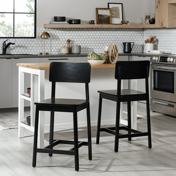 Walker Edison 2-Piece Minimalist Solid Wood Counter Stool - Set of 2 - Black