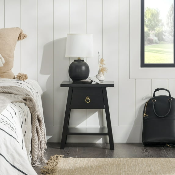 Walker Edison 20” Japandi Pull-Ring 1-Drawer Bedside Table, Black