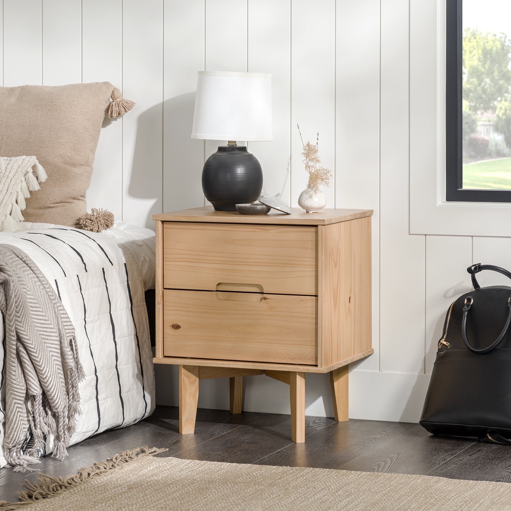 Walker Edison 22” Mid-Century Modern Groove Handle Solid Wood Nightstand, Natural Pine