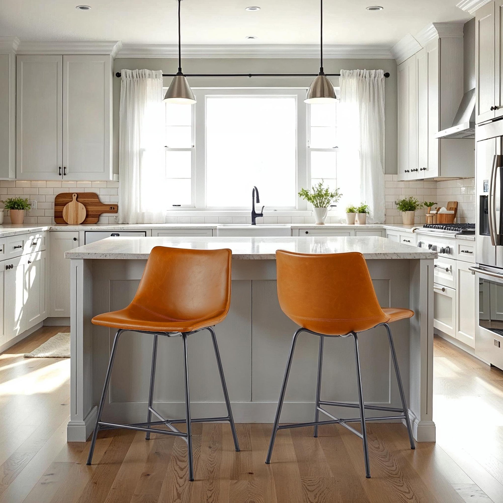 Whiskey Brown Faux Leather Adjustable Counter Stools, Set of 2