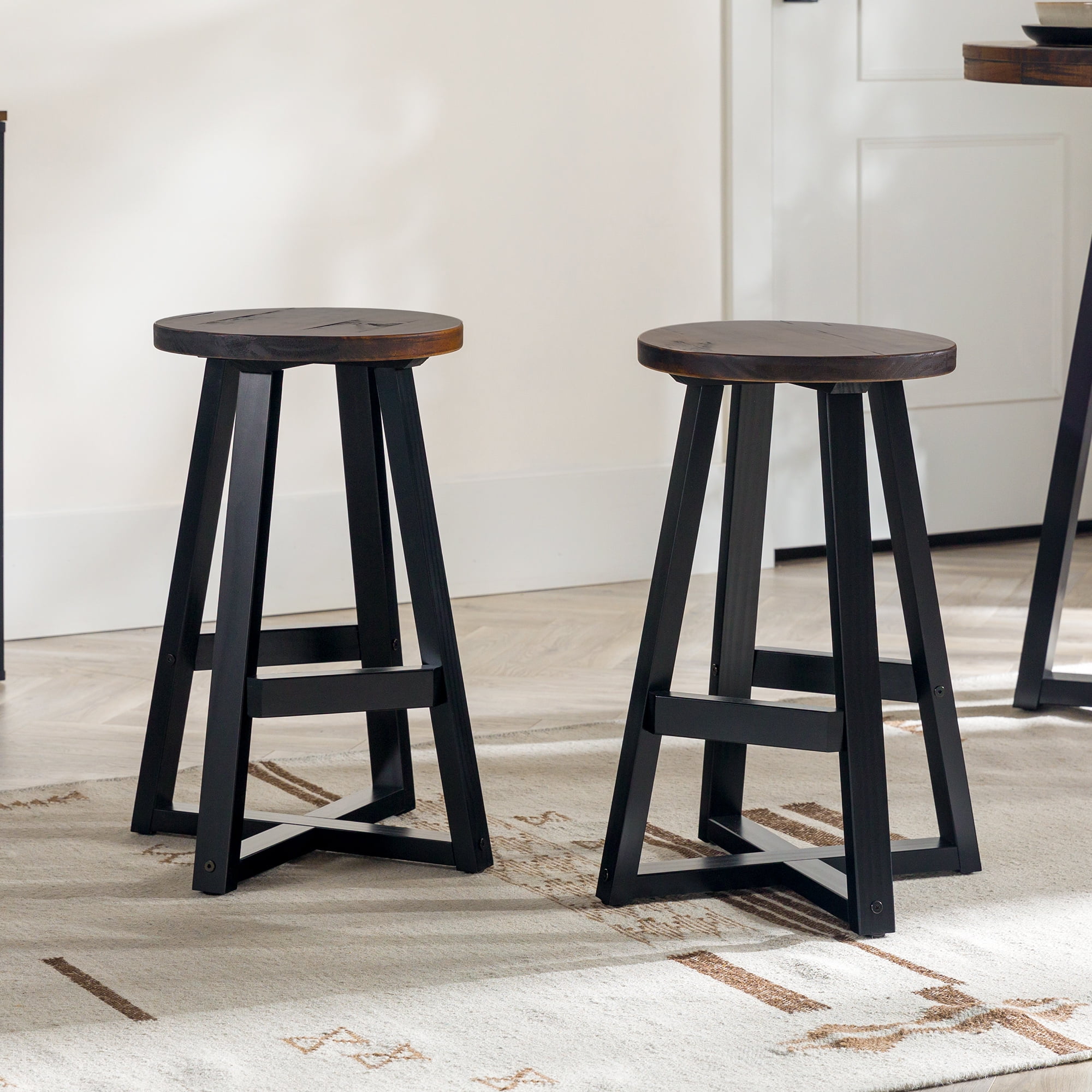 Walker Edison 24” Rustic Distressed Solid Wood Counter Stools, Mahogany ...