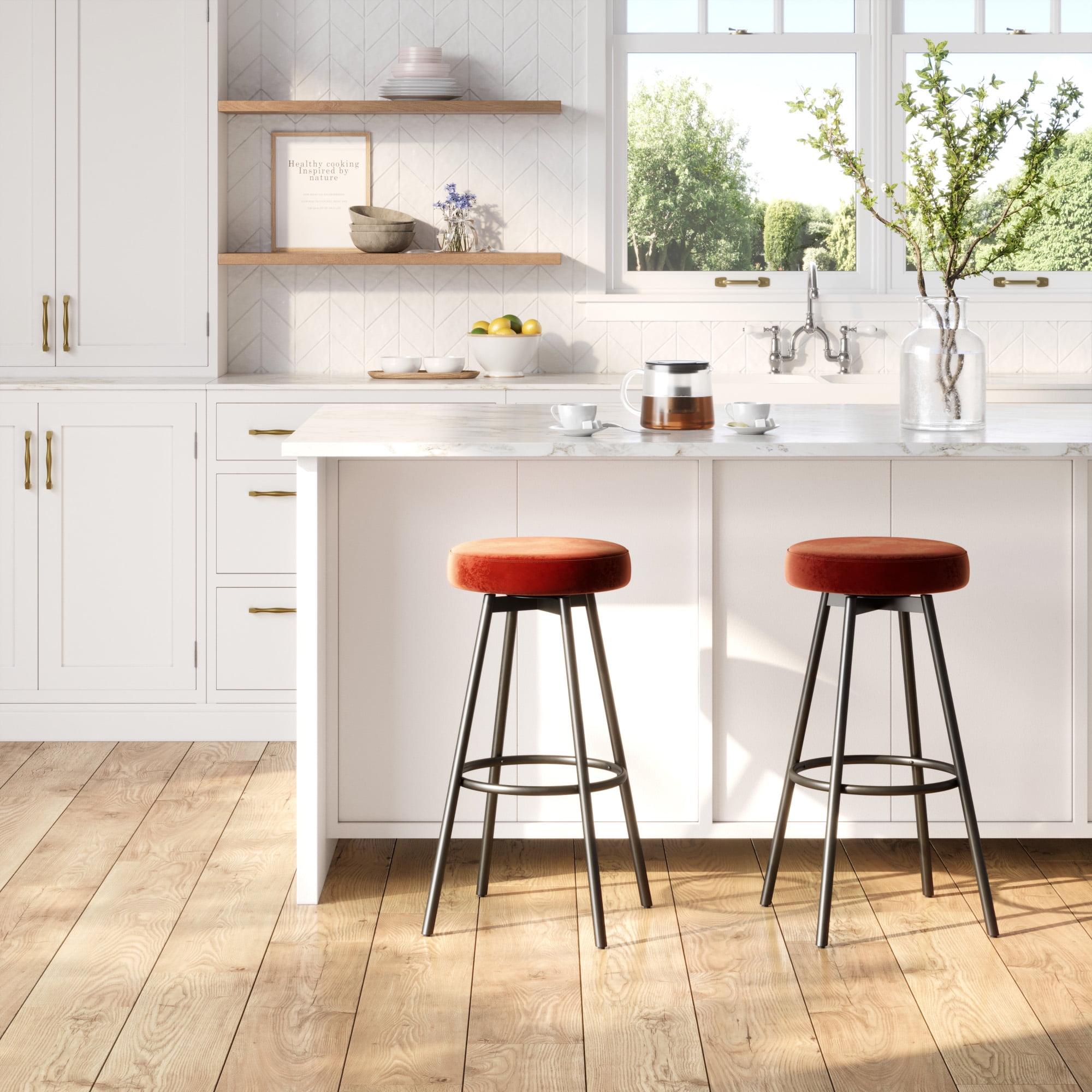 Rust Velvet Swivel Bar Stools with Powder-Coated Metal Base, Set of 2