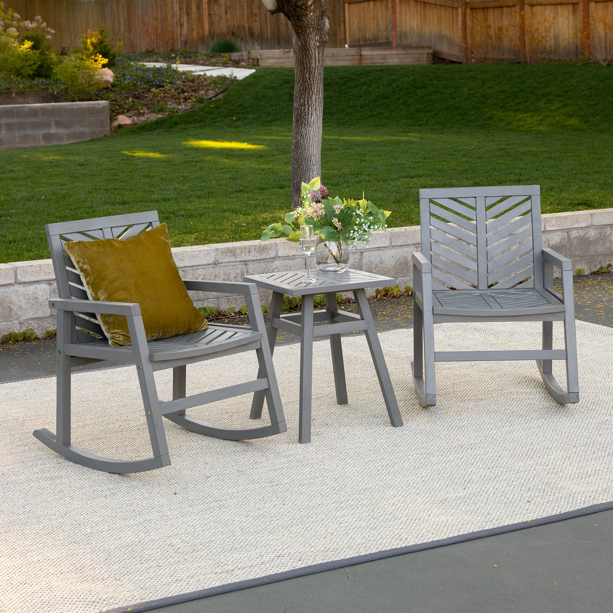 Walker Edison 3 Piece Outdoor Rocking Chair Chat Set Grey Wash