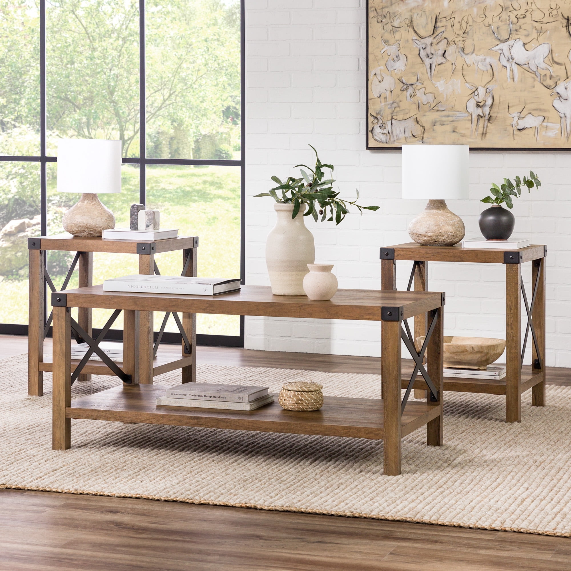 Walker Edison 3Piece Rustic Wood & Metal Coffee Table Set Rustic Oak