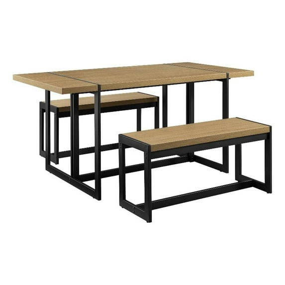 Walker Edison 3 Piece Wood Dining Set with 2 Benches in Coastal Oak/Black