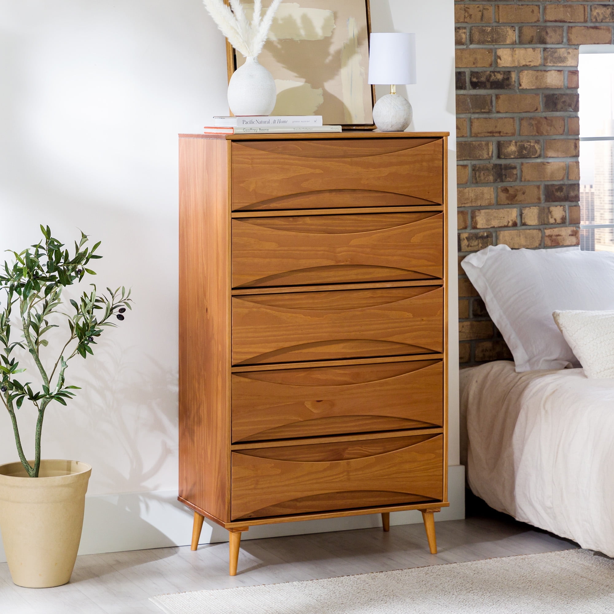 Walker Edison 30 Mid-Century Modern Curved Front 5-Drawer Dresser, Caramel