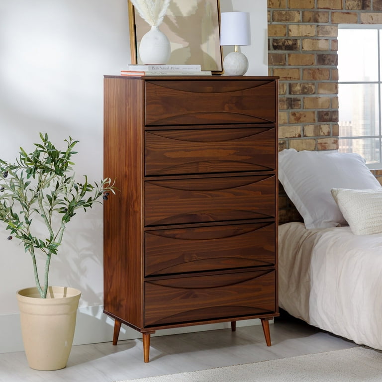 Walker Edison 30 Mid-Century Modern Curved Front 5-Drawer Dresser, Walnut