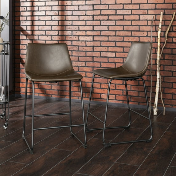 Walker Edison 34.5" Faux Leather Counter Stools in Brown (Set of 2)