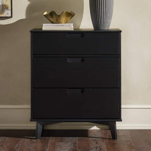 Walker Edison 36” Mid-Century Modern Groove Handle 3-Drawer Wood Dresser, Black
