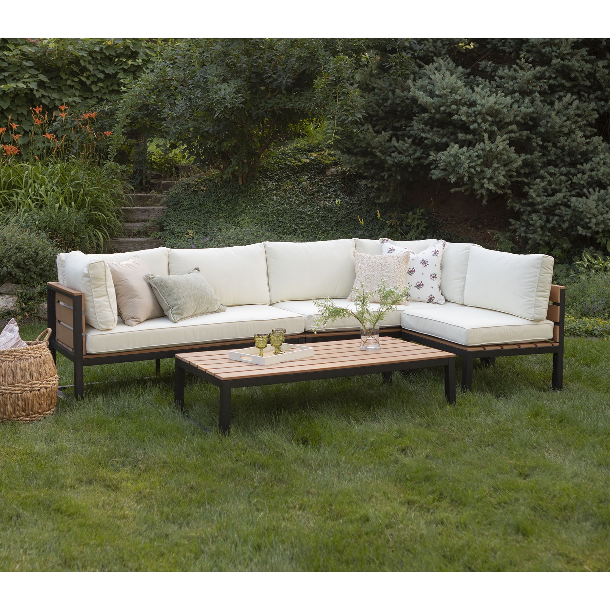 Walker Edison 4 - Piece Aluminum Outdoor Patio Conversation Set with Cushions, Natural