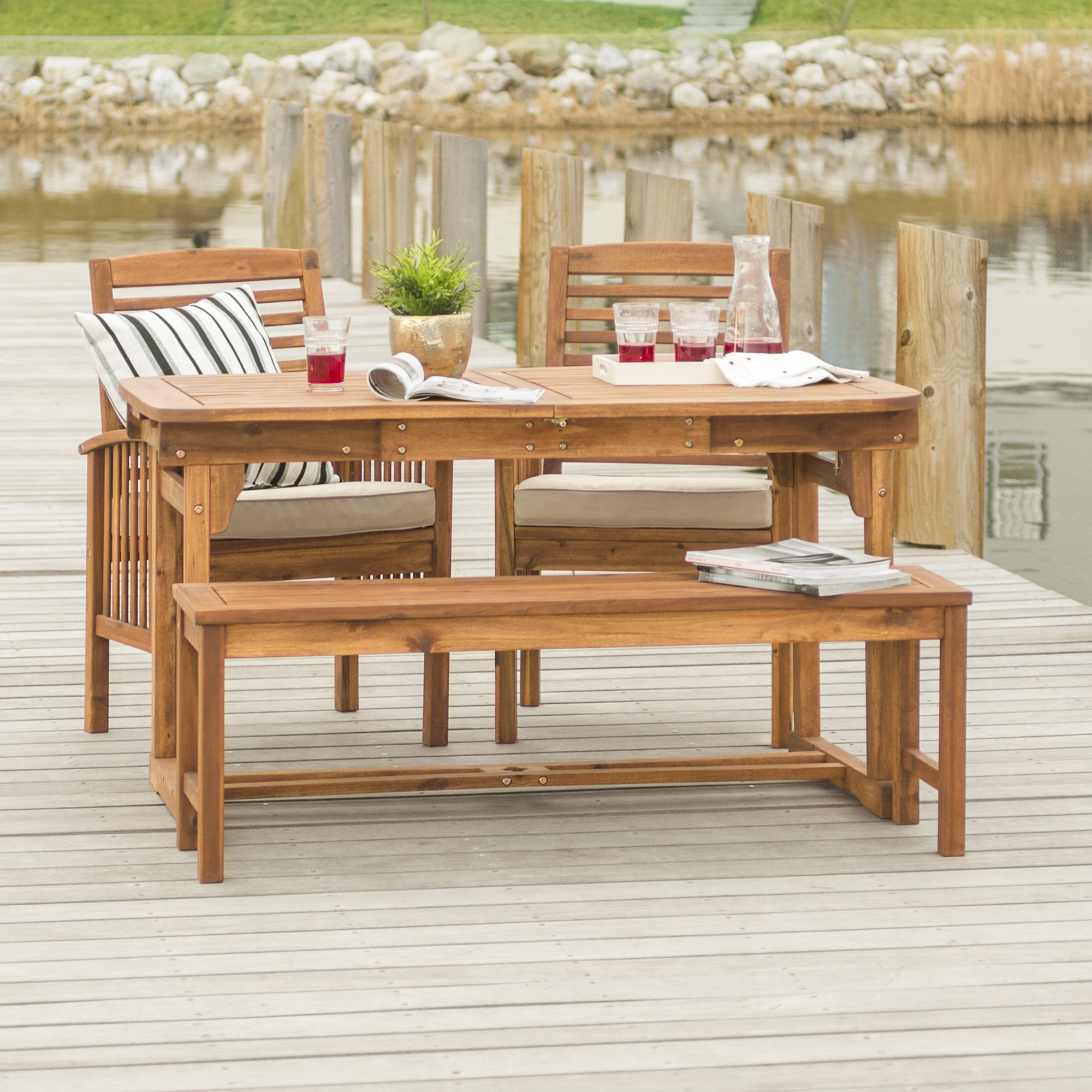 Walker Edison Transitional Boho 4 Piece Patio Outdoor Dining Set, Brown ...