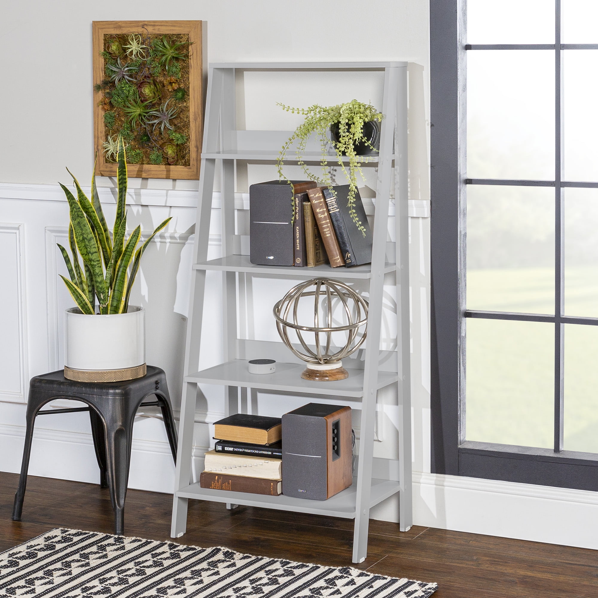 Walker Edison 4Shelf Wood Leaning Ladder Bookcase, White