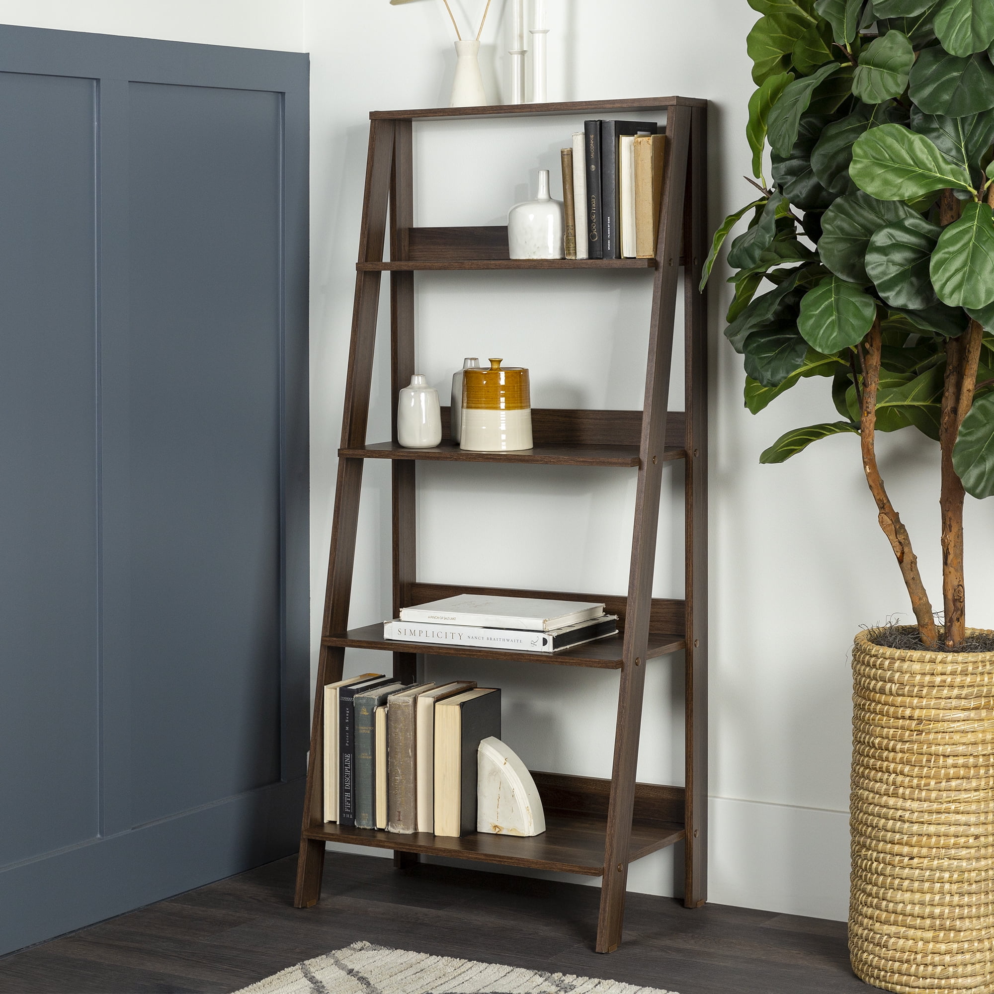 Dark wood leaning sale bookshelf