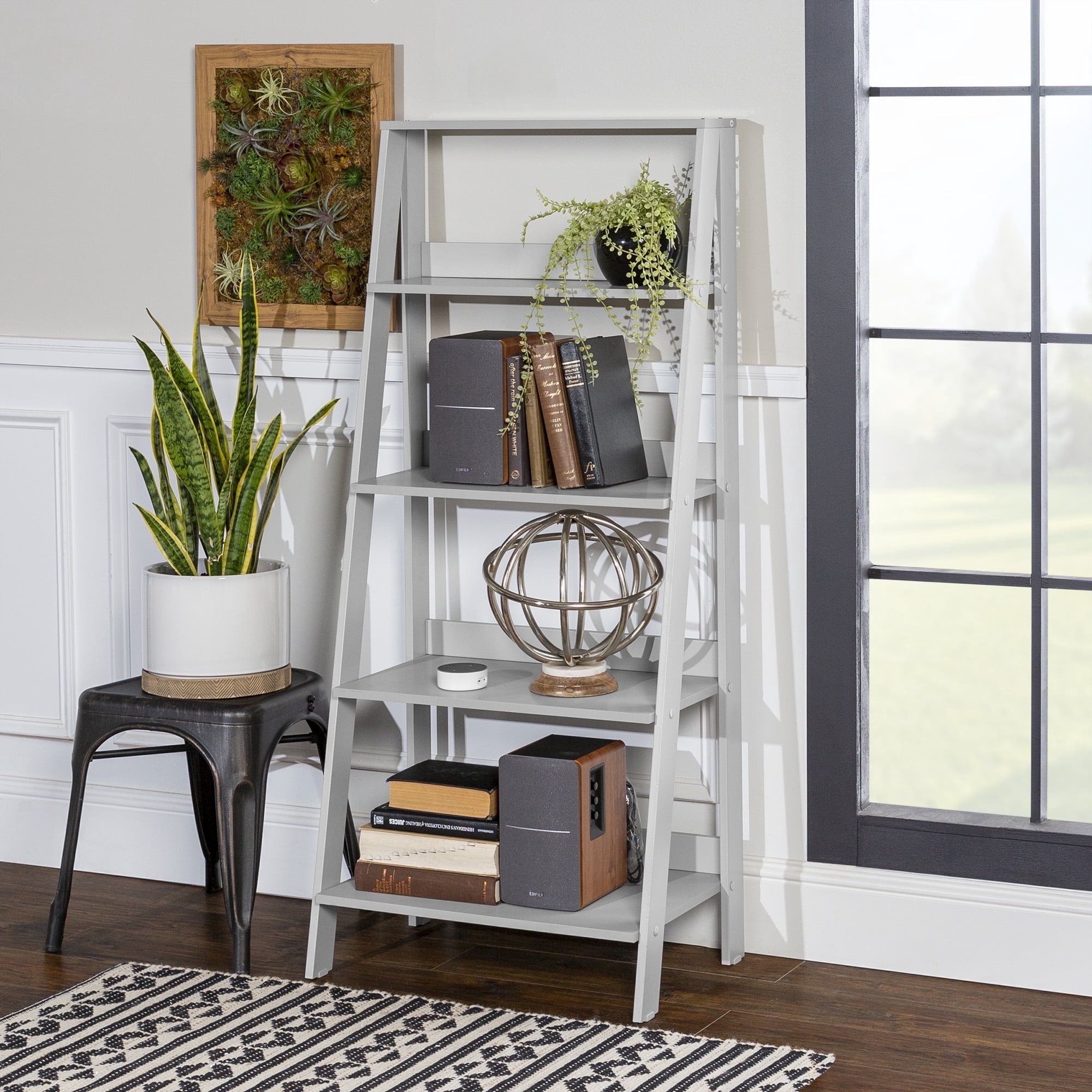 Walker Edison 4-Shelf Wood Leaning Ladder Bookshelf, Grey