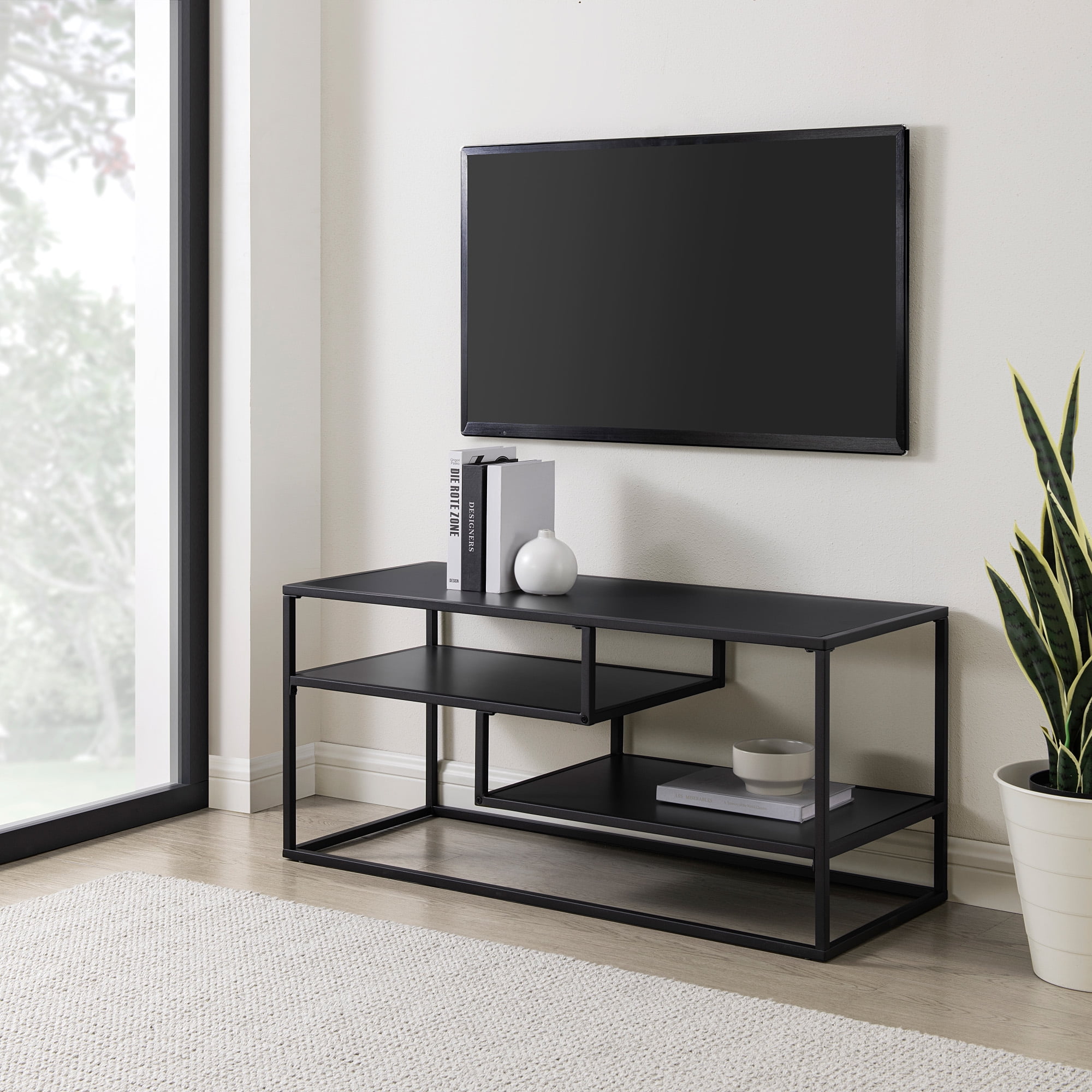 40 in. Solid Black Wood and Metal Modern Open-Storage TV Stand for TVs up 43 in.