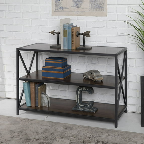 Walker Edison 40" Industrial Frisco X-frame Bookcase, Dark Walnut / Black