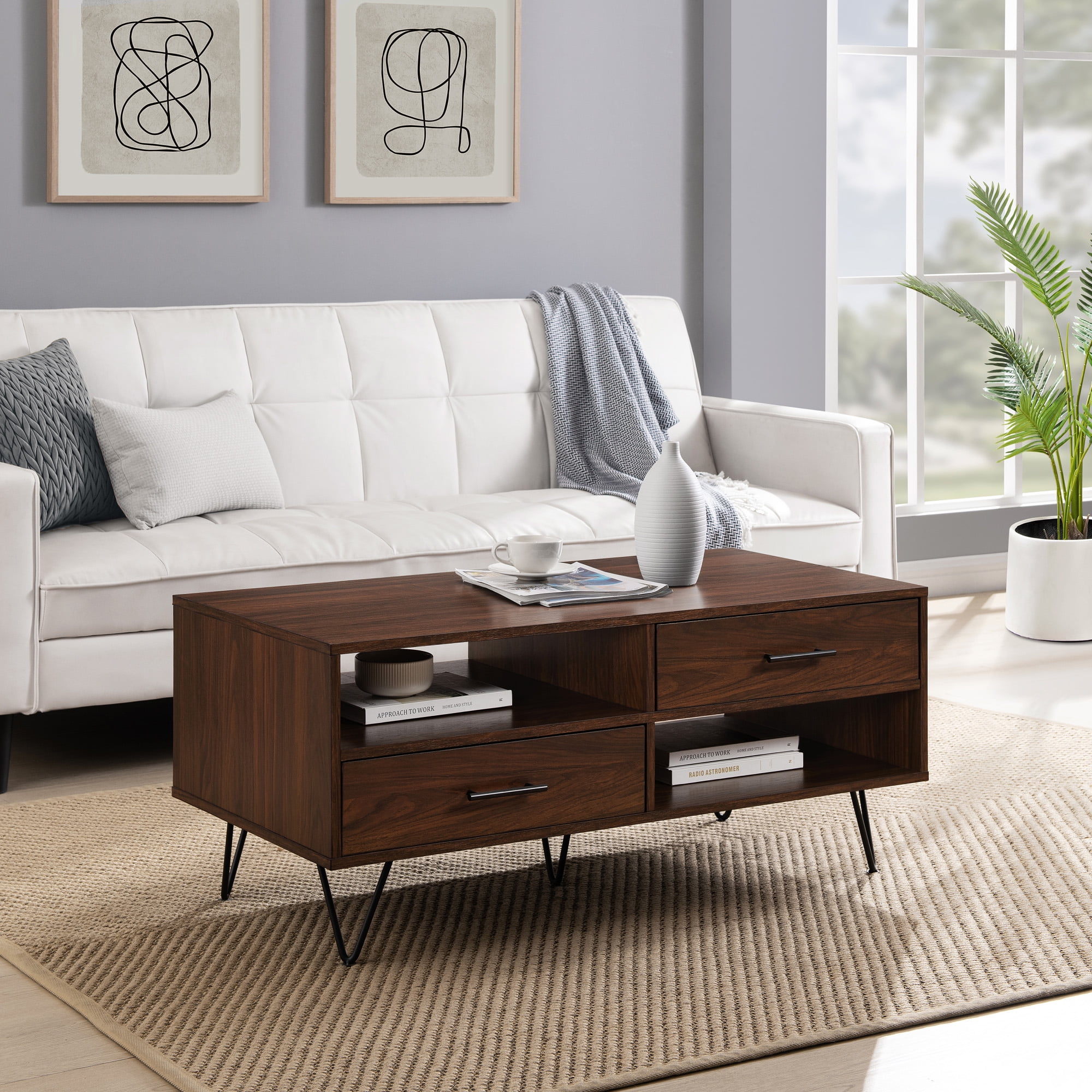 Walker Edison 42” Mid-Century Modern Coffee Table, Dark Walnut ...