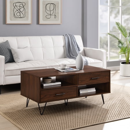 Walker Edison 42” Mid-Century Modern Coffee Table, Dark Walnut