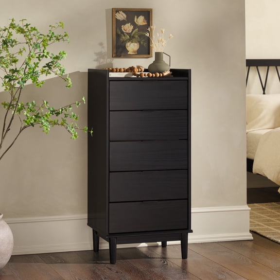 Walker Edison 43” Mid-Century Modern Gallery-Top 5-Drawer Dresser, Black