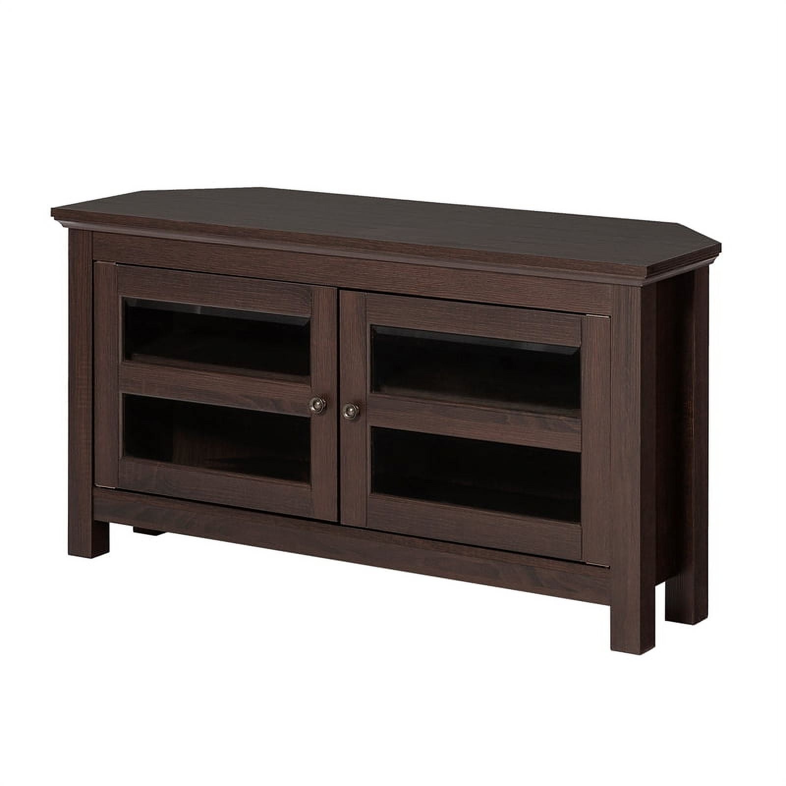 Espresso Corner TV Console with Cabinet and Glass Doors