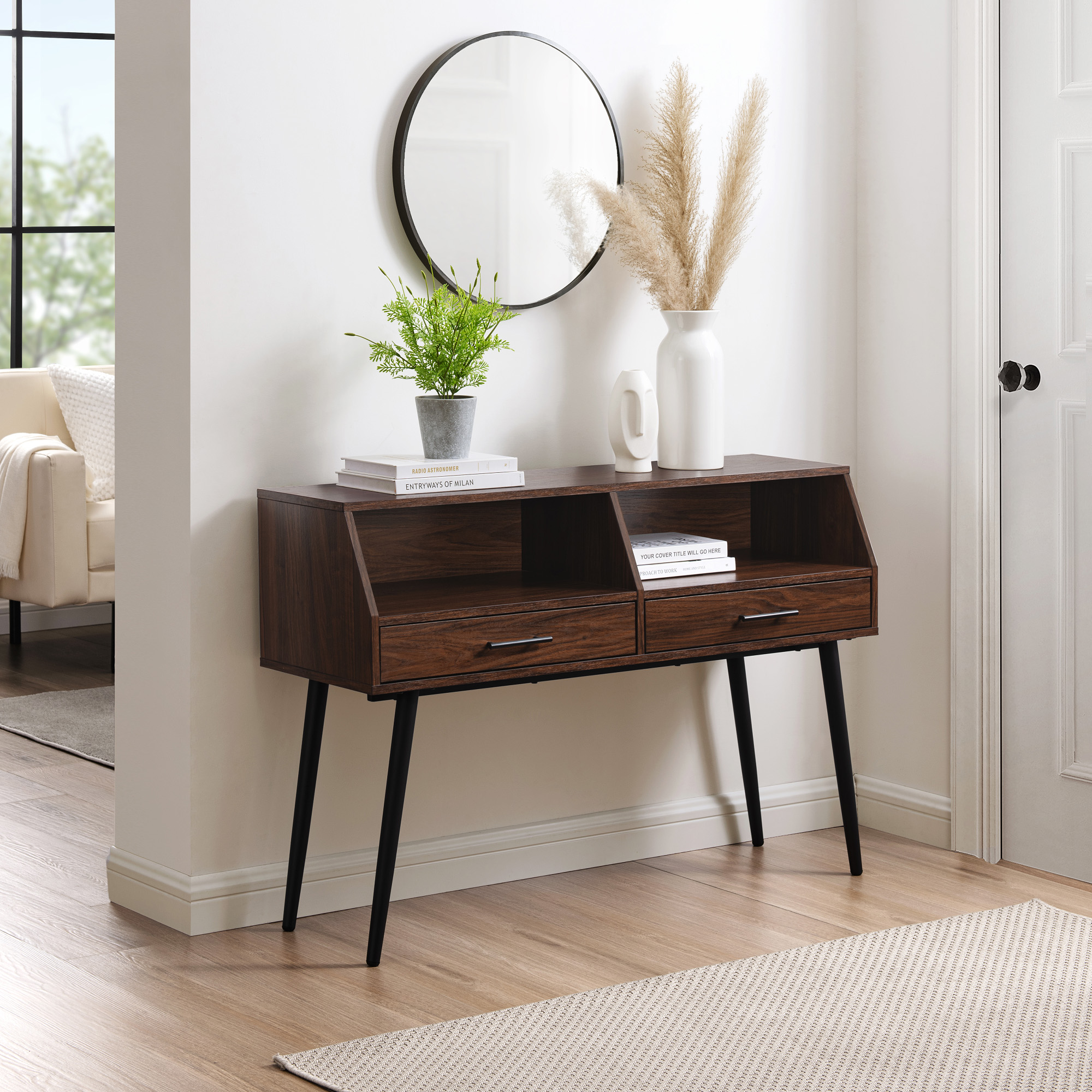Walker Edison 44” Mid-Century Modern 2-Drawer Entry Table, Dark Walnut