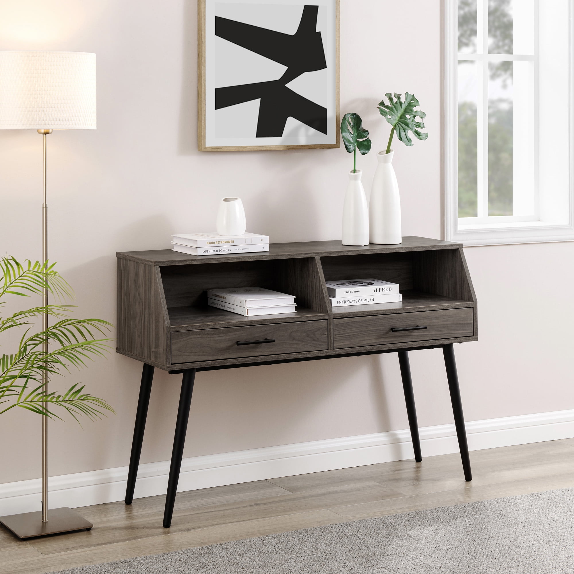 Walker Edison 44” Mid-Century Modern 2-Drawer Entry Table, Slate
