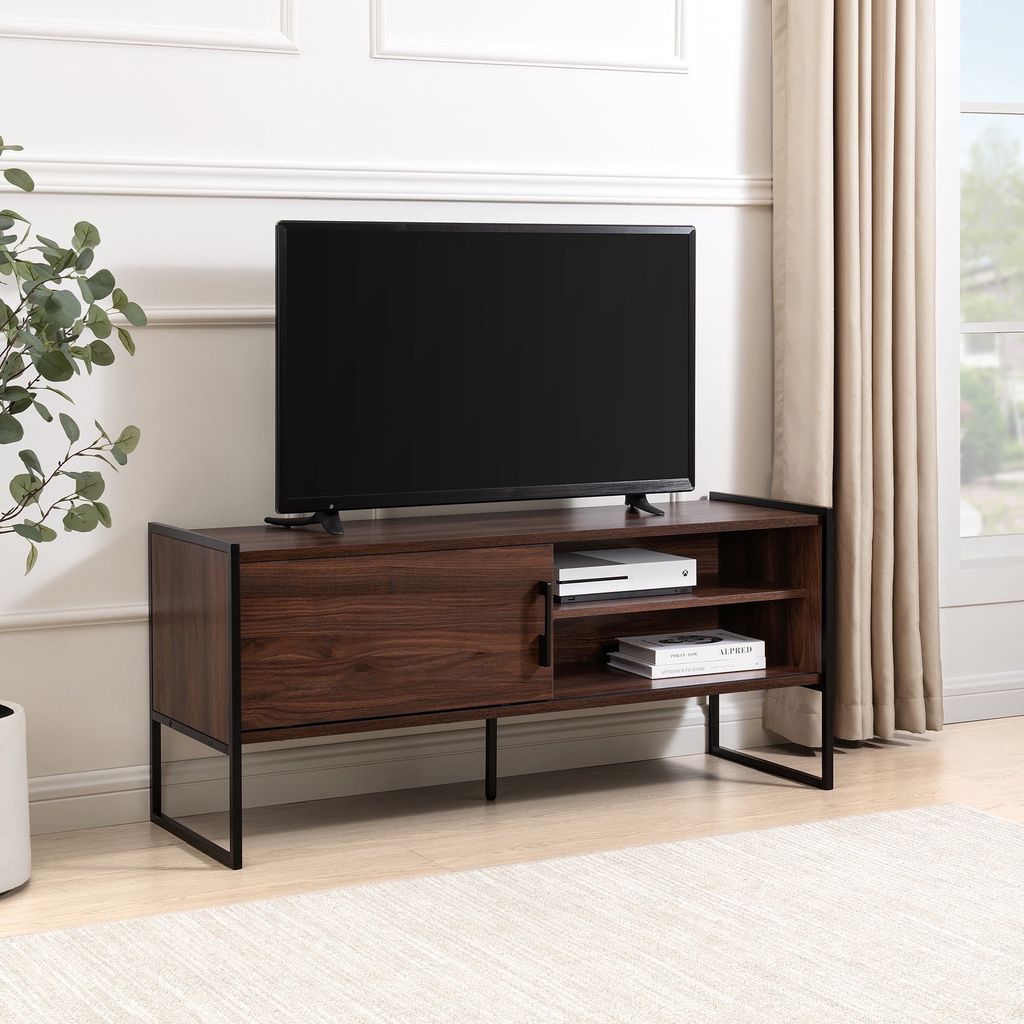 Walker Edison 48” Contemporary Sliding Door TV Stand for TVs up to 50”, Dark Walnut