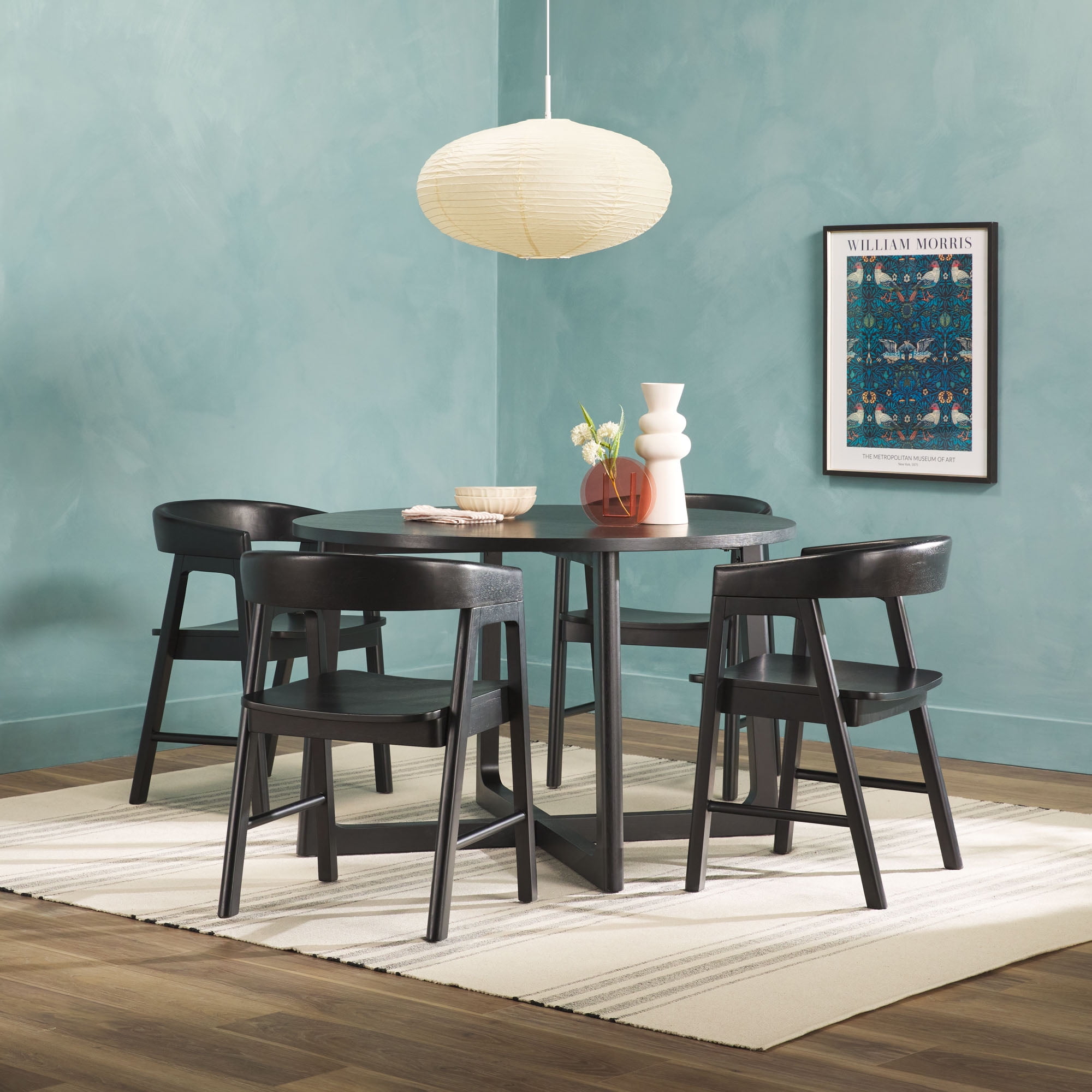 Walker Edison 5 Piece Round Dining Set with Solid Wood Chairs, Black ...