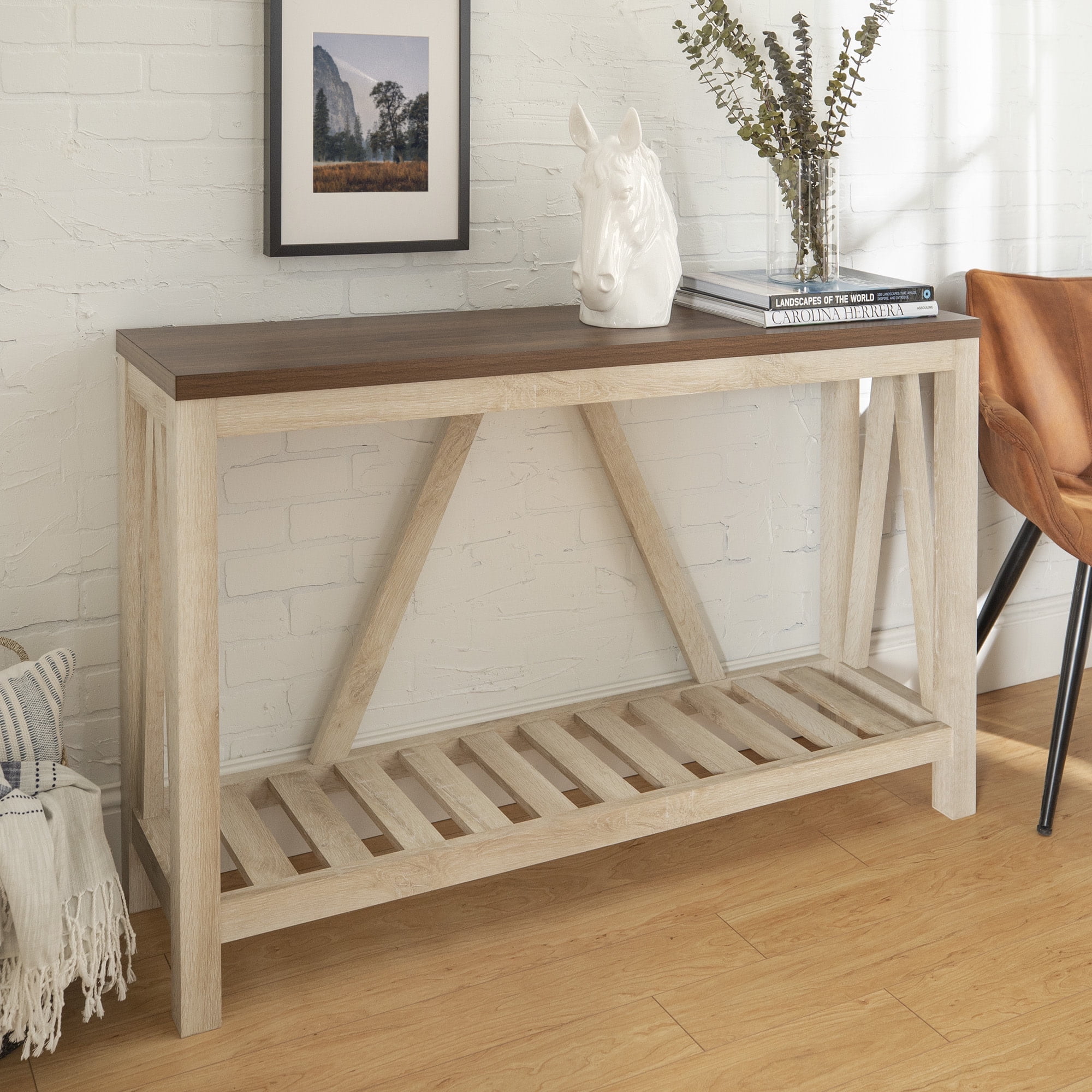 52" Black and White Oak Rustic Wood Console Table with Storage