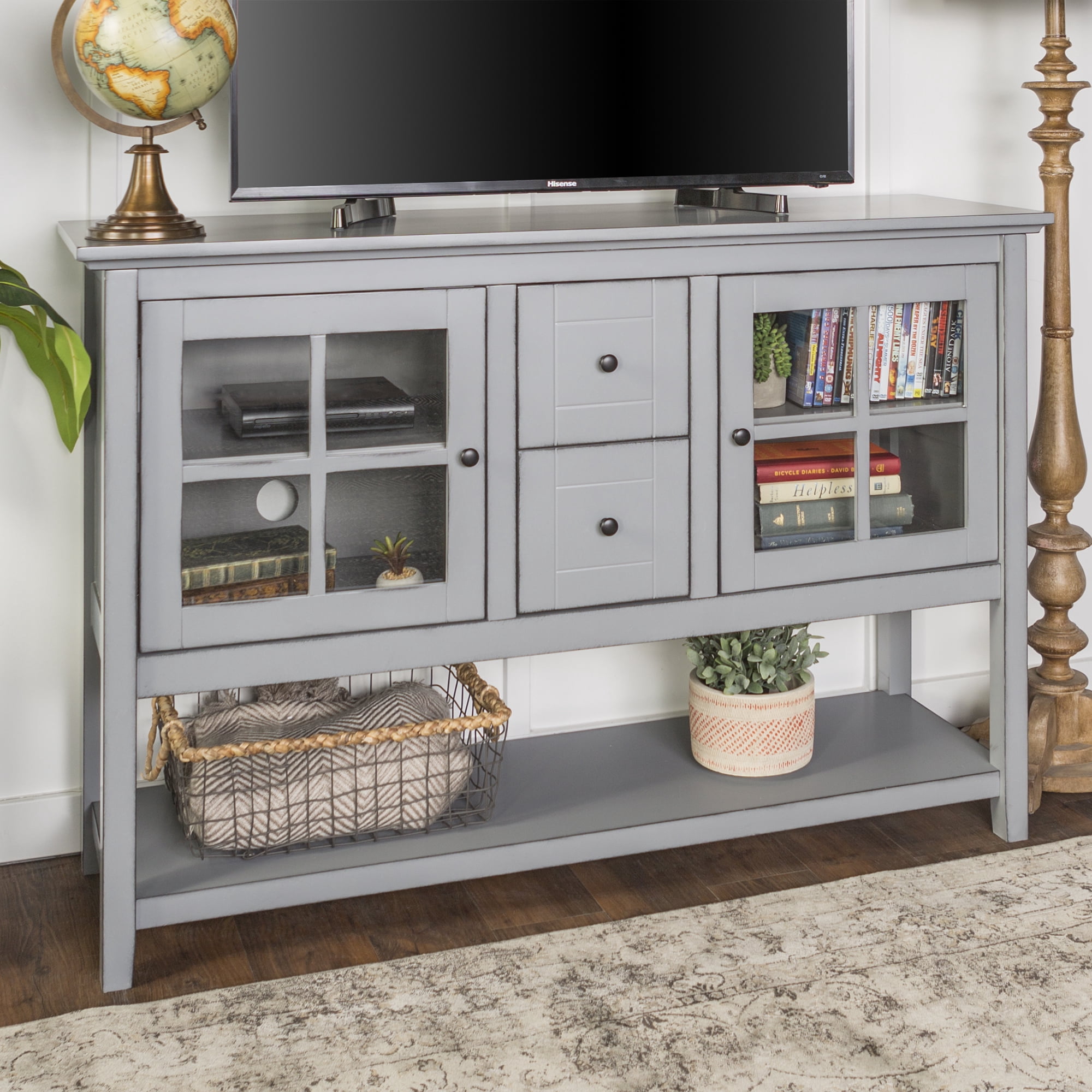 Walker Edison 52" Transitional Wood Glass Console Table Highboy Buffet TV Stand - Antique Grey