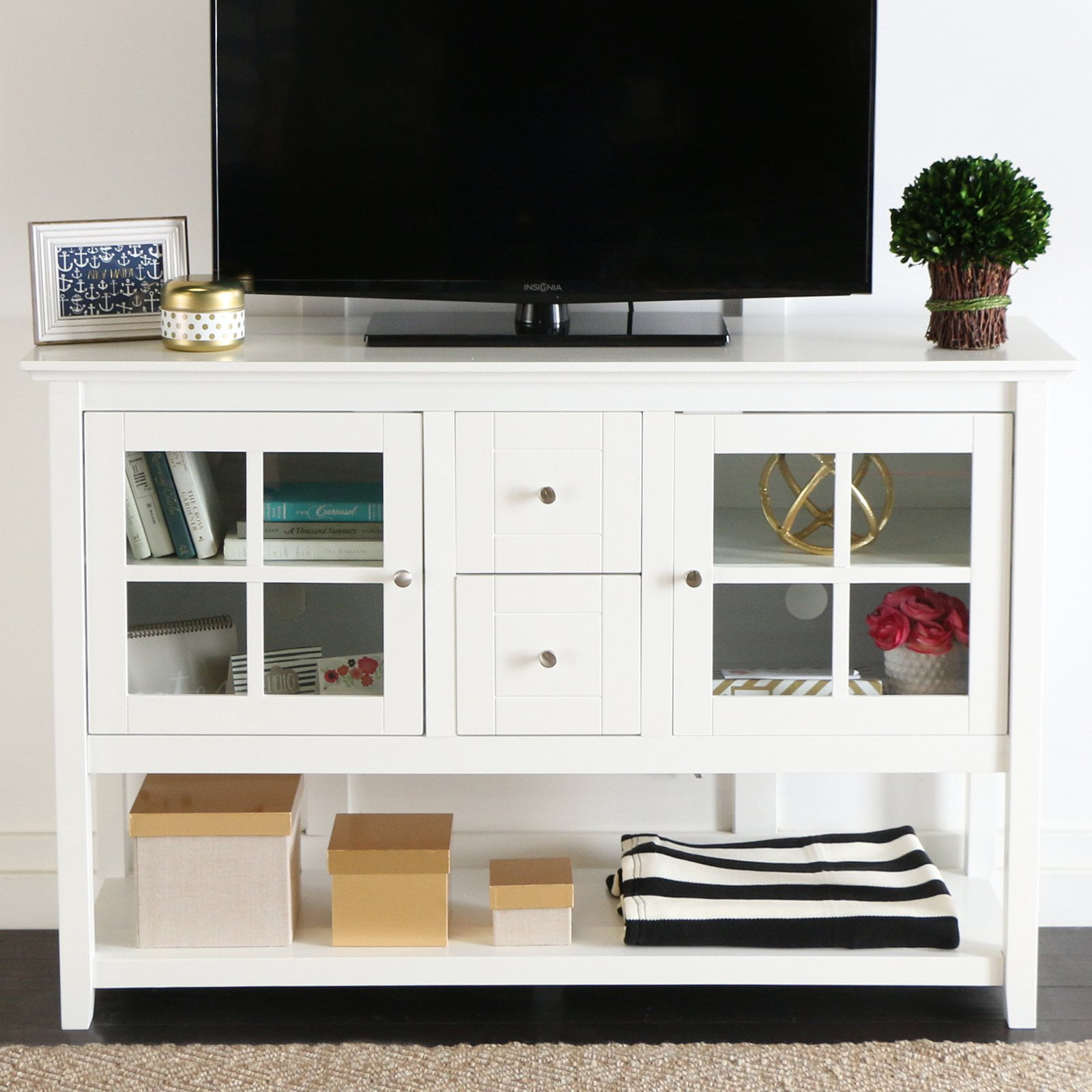 White 52" MDF and Glass TV Stand with Storage