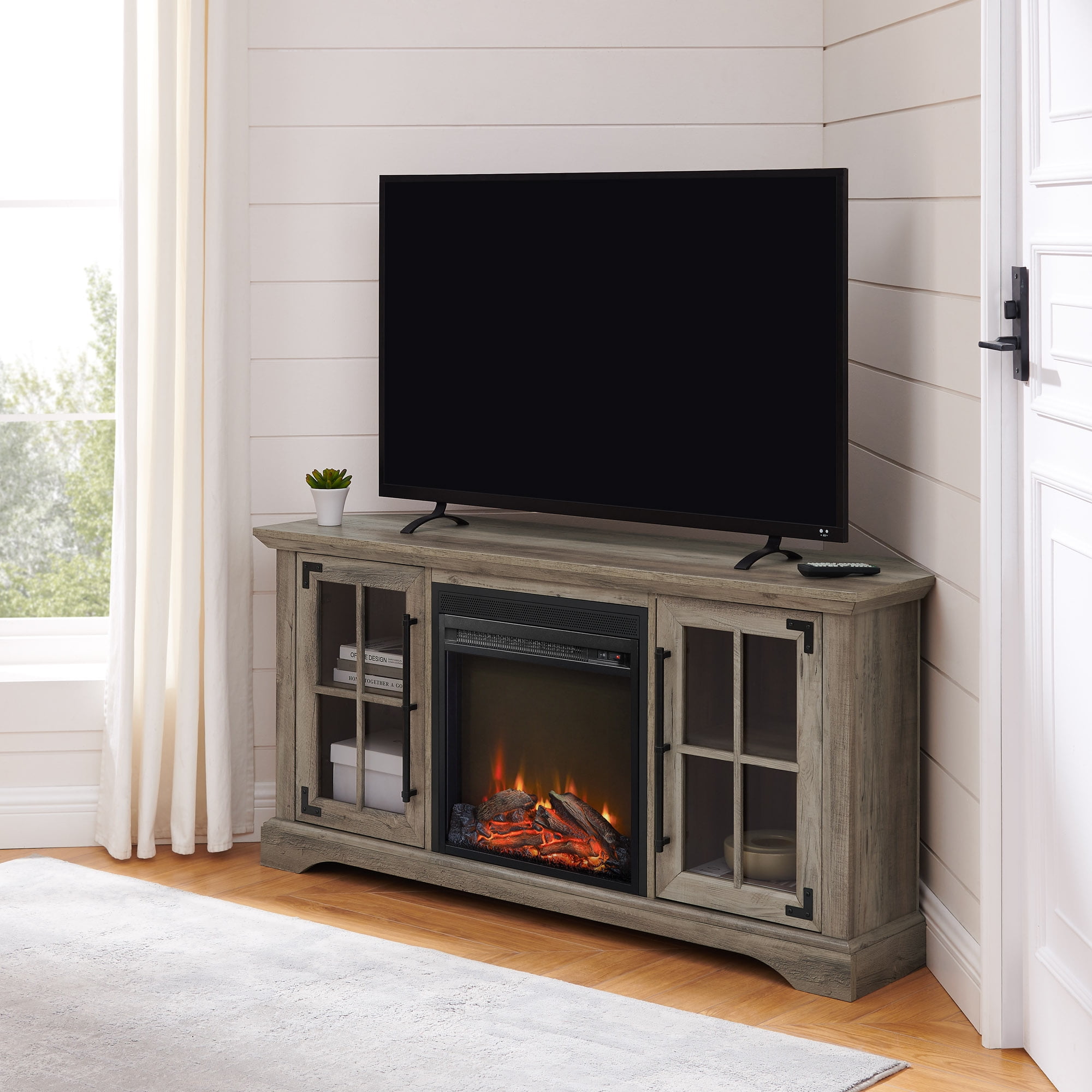 Walker Edison 54” Modern Rustic Electric Fireplace Corner TV Stand for TV’s up to 55”, Grey Wash