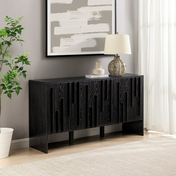 Walker Edison 55 Contemporary Vertical-Detailed 3-Door Sideboard, Black