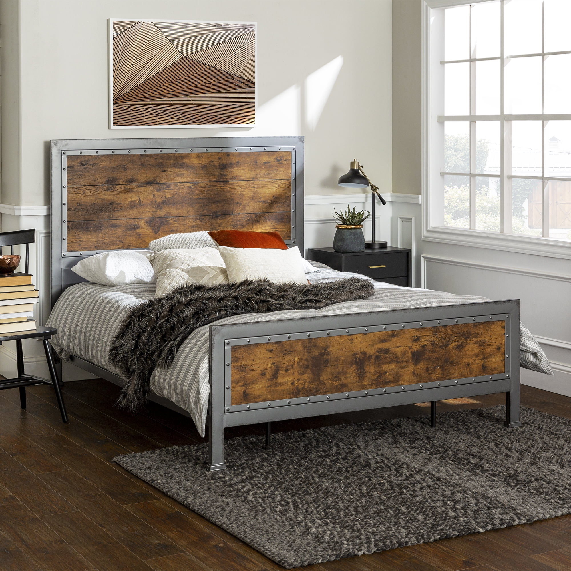 Walker Edison 55” Rustic Mixed Material Hacienda Queen Size Bed, Brown and Gunmetal