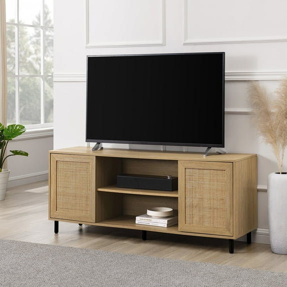 Walker Edison 58” Bohemian 2-Door Wood and Rattan TV Stand for TVs up to 60”, Coastal Oak