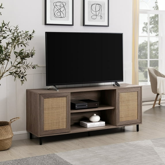 Walker Edison 58” Bohemian 2-Door Wood and Rattan TV Stand for TVs up to 60”, Driftwood