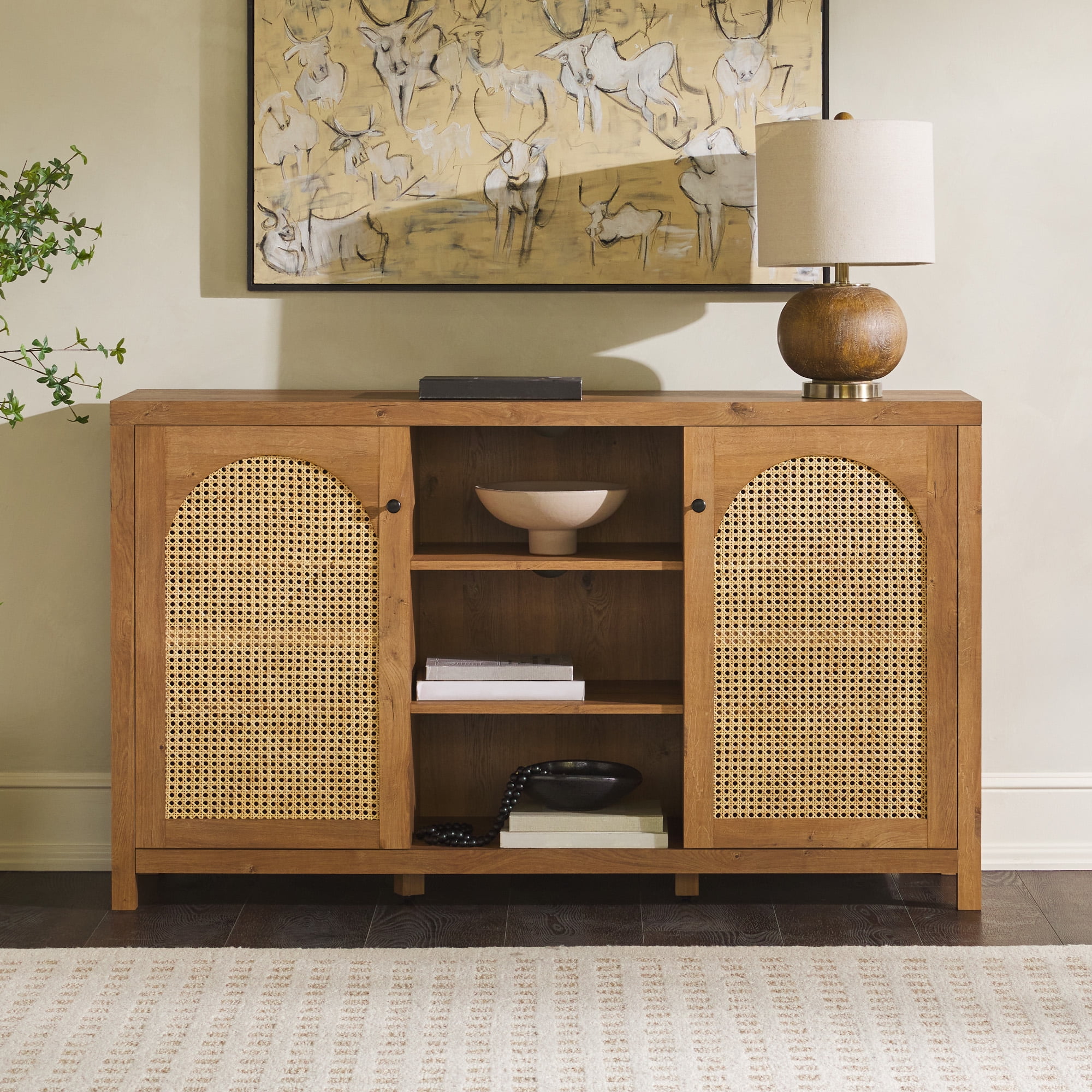 English Oak 58" Modern Rattan & Wood Sideboard