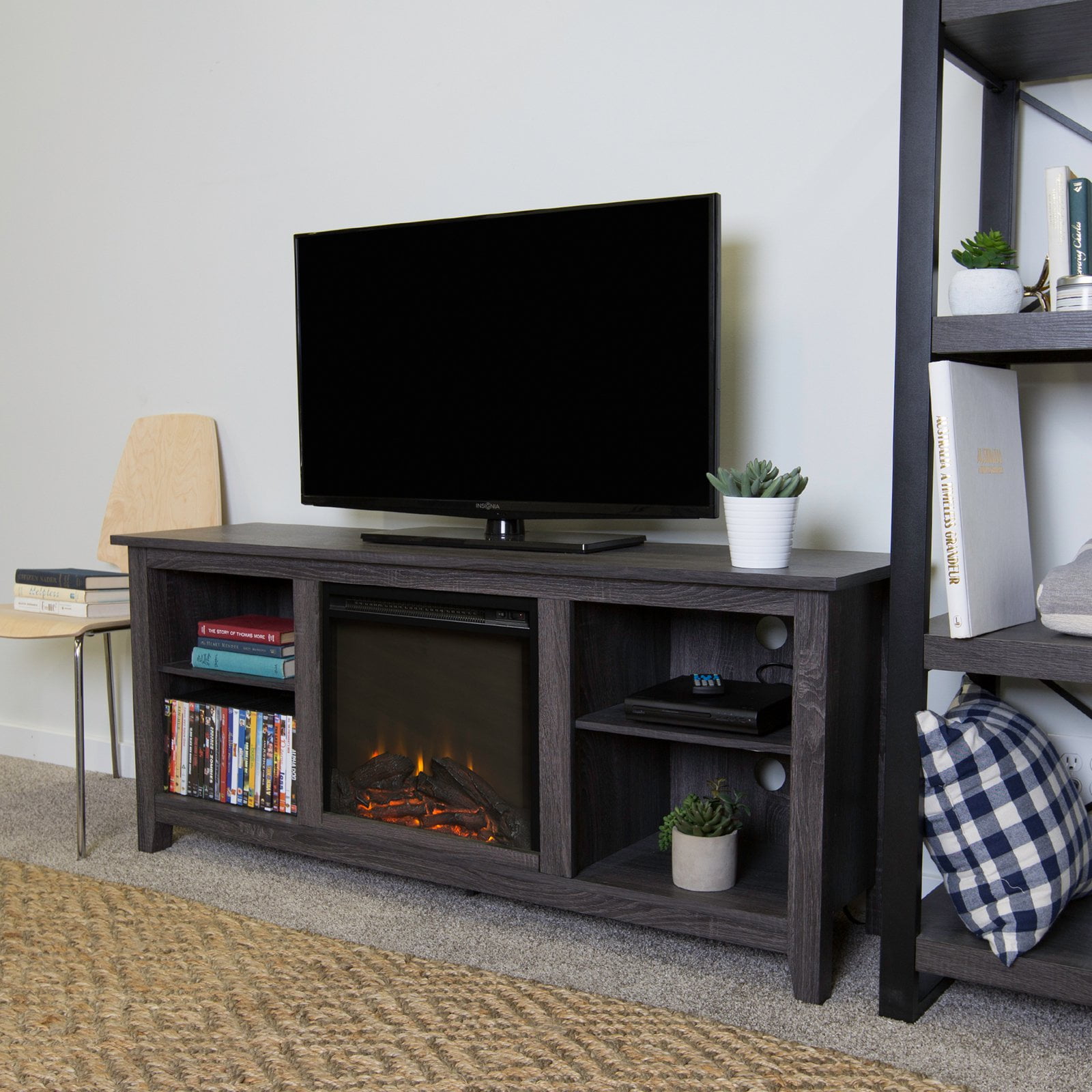 Walker Edison 58″ Rustic MDF Farmhouse Fireplace TV Stand in Charcoal Sansujyuku sansujyuku.com