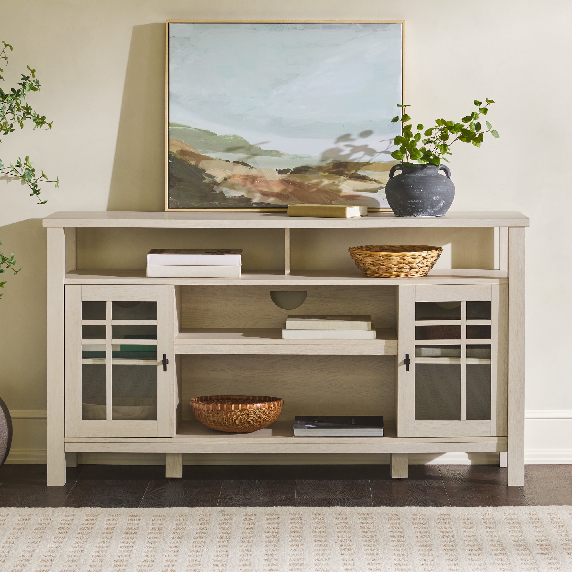 Ivory Oak 58" Transitional Sideboard with Glass Doors