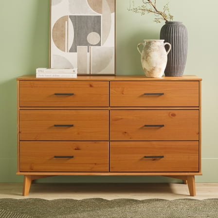 Modern Solid Wood 6-Drawer Dresser with Metal Handles - Caramel