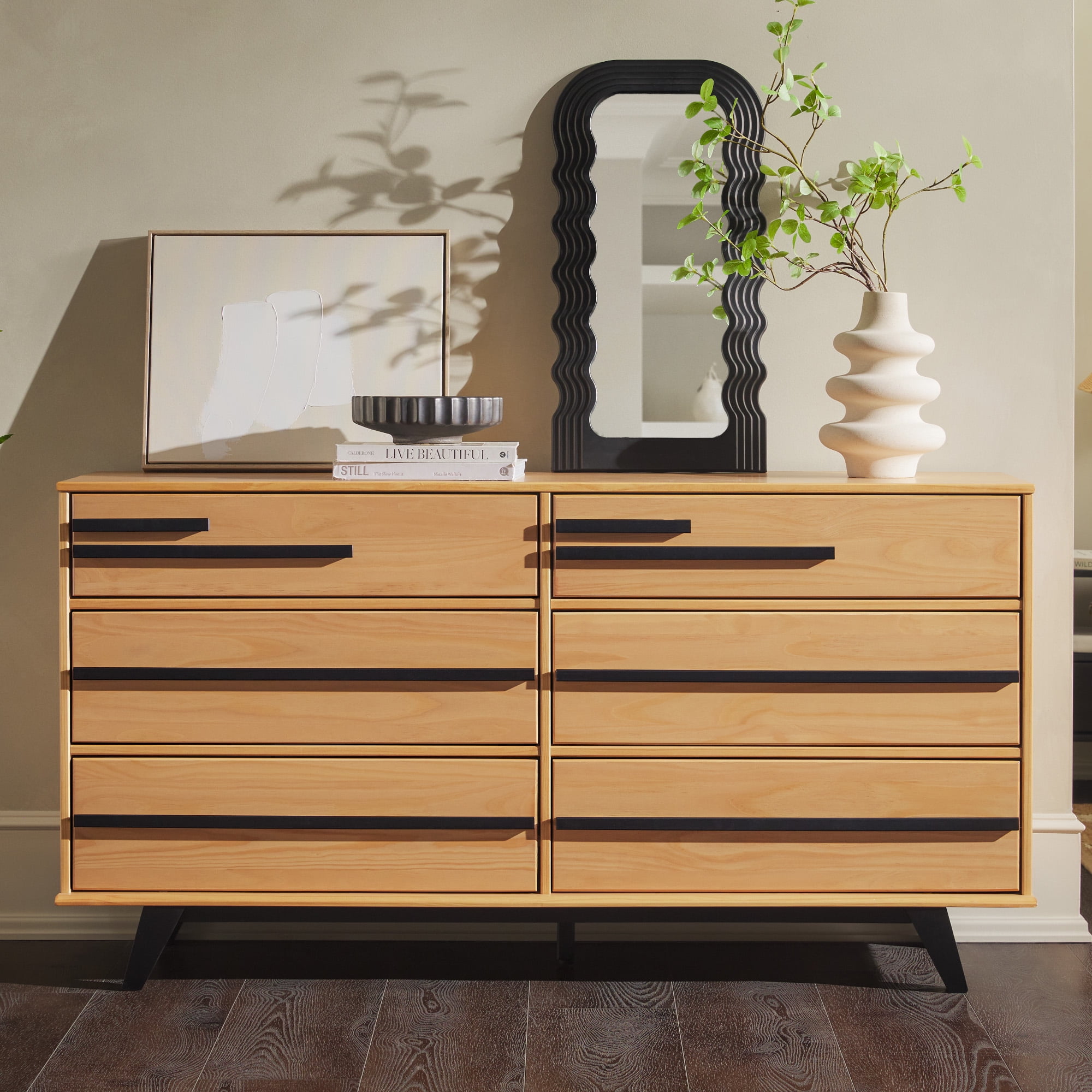Natural Pine Mid-Century Modern 6-Drawer Solid Wood Dresser